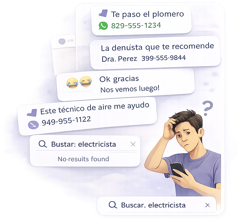 Ilustración de contactos importantes perdidos entre chats y mensajes